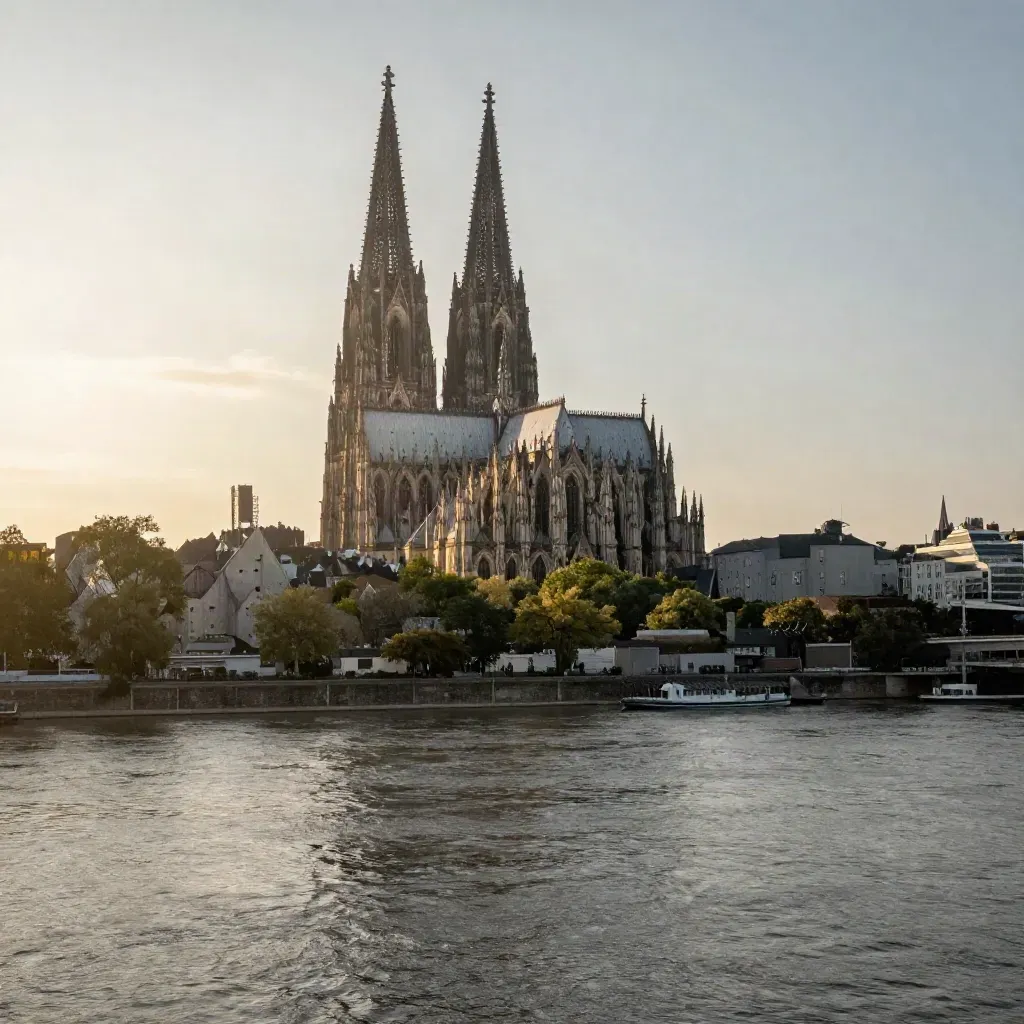 Kölner Dom über dem Rhein im warmen Abendlicht, weite ruhige Flusslandschaft