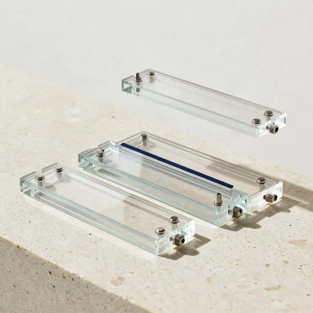 Drei transparente Modellplatten mit Steckverbindern auf hellem Travertin, streng von oben