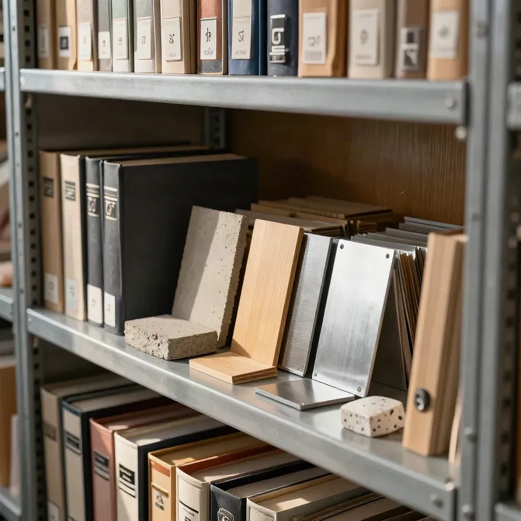 Archivregal mit Patentbänden, Ordnern und Bau-Materialmustern im warmen Seitenlicht.