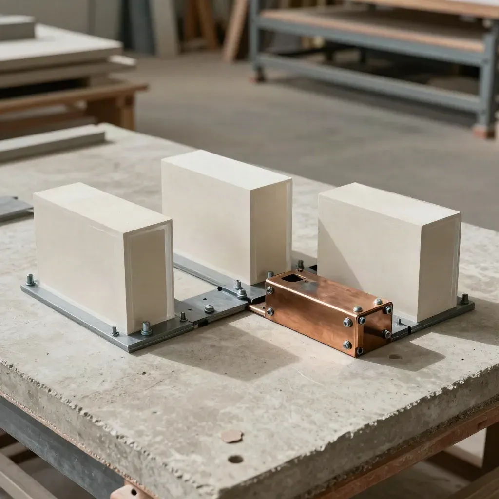 Dreiteiliges Bau-Setup aus Architektur-, Statik- und Fertigungsmustern auf Beton im Werklicht.