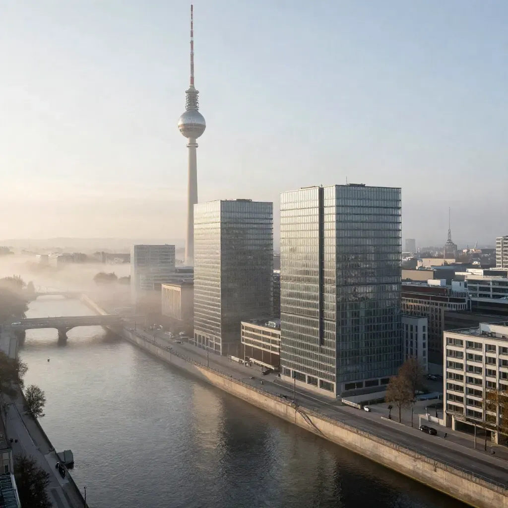 Berlin im Morgennebel mit Fernsehturm, Spree und Glasfassaden, viel ruhige Fläche unten.