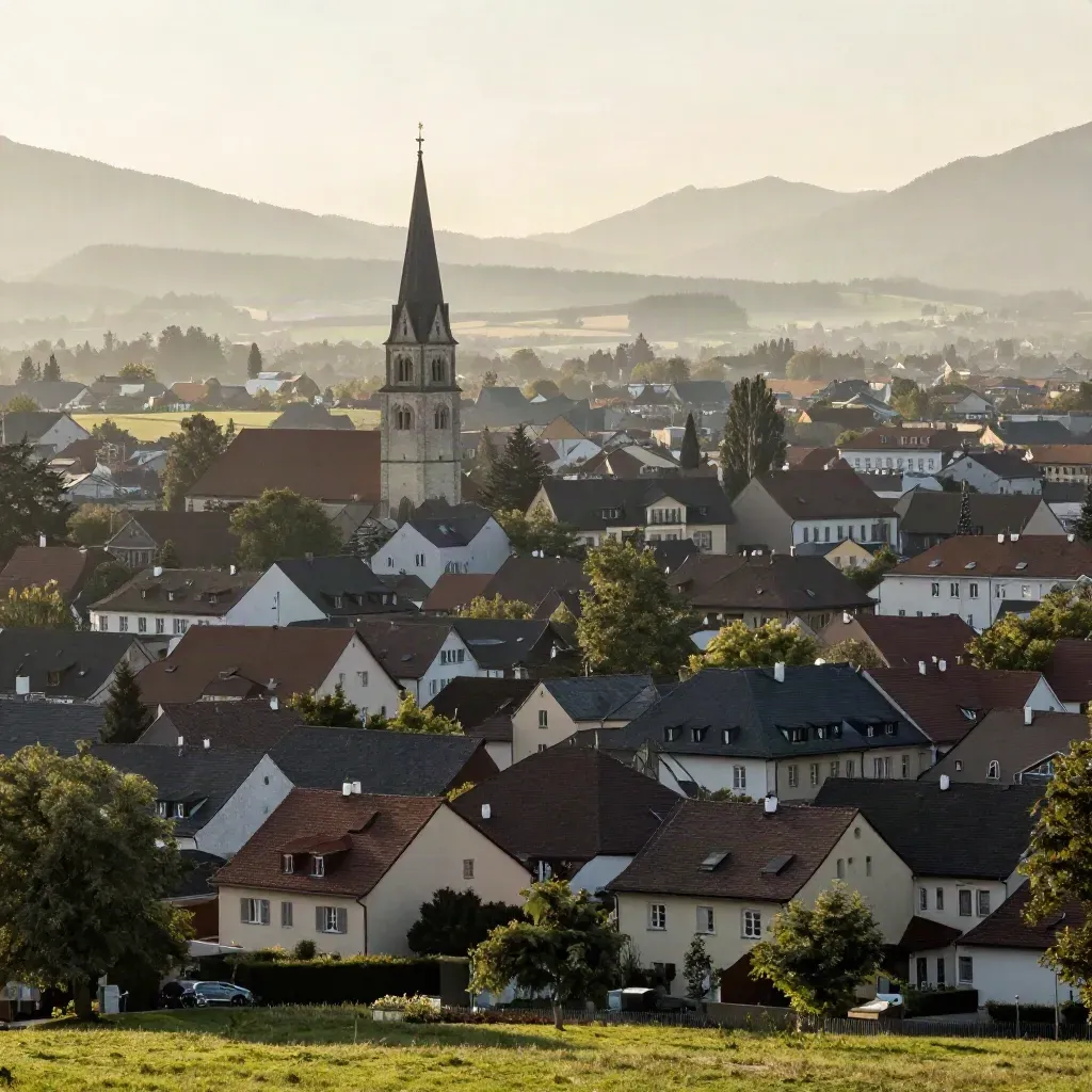Münchner Vorstadtlandschaft mit Kirchturm, spätem Sonnenlicht und Alpenhauch.